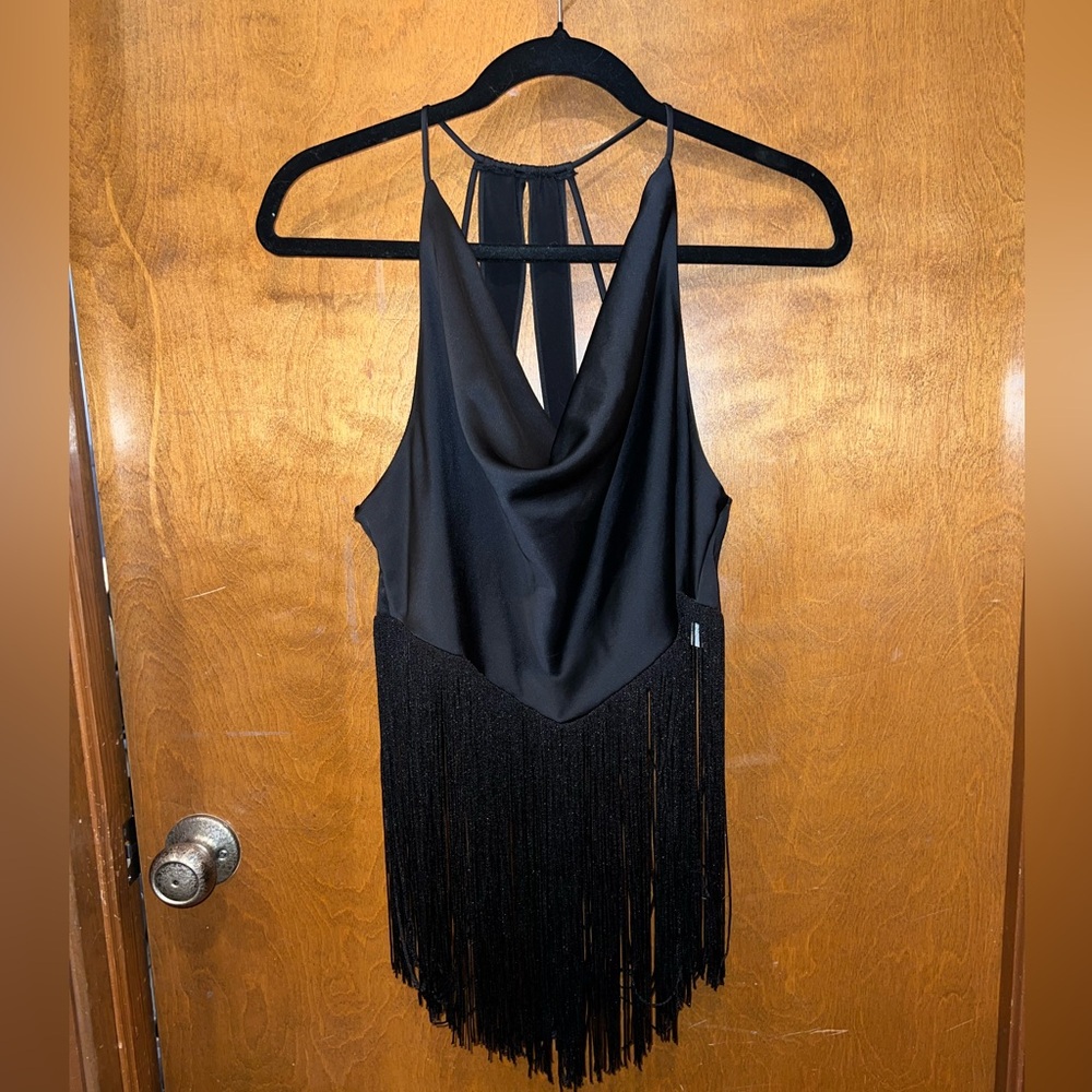 ZARA Satin Cowl Neck Fringe Top